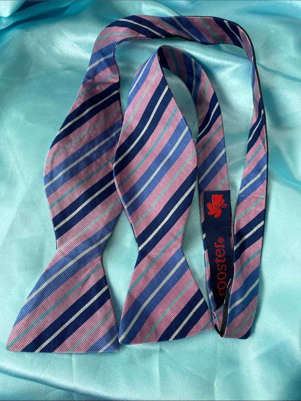 Rooster Pink and Blue Striped Silk Bow Tie